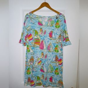 Lilly Pulitzer Dress Size Medium Nautical Boat Pattern Ruffle Hem Sleeves Cotton